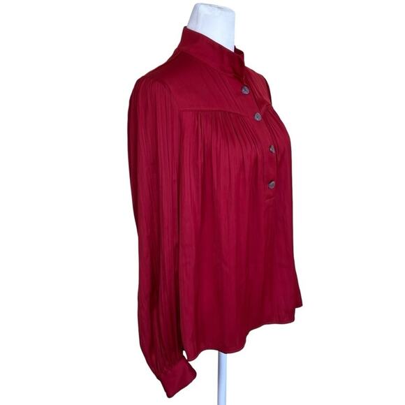Anthropologie Relaxed Shimmer Blouse Red Satin Henley Button Front Popver Top XS - Picture 8 of 16
